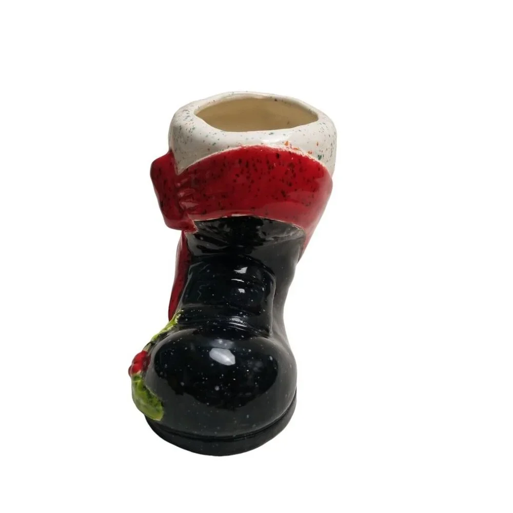 Ceramic Santa Claus Boot Black Christmas Vintage Holly Vase Planter Holiday Bow - Picture 4 of 14